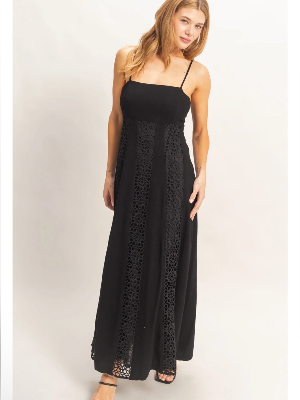 NEW HYFVE Black Linen Blend Lace Panel Maxi Dress – Medium